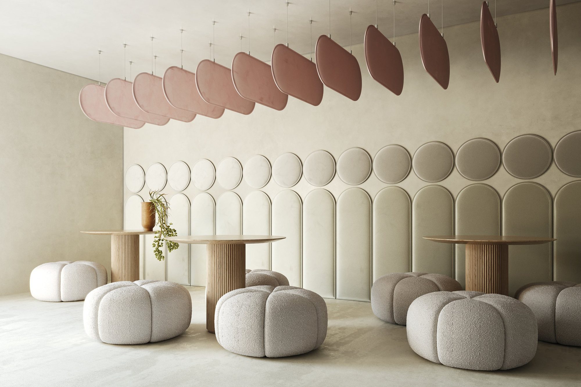 Lounge met gestoffeerde wandpanelen en baffles